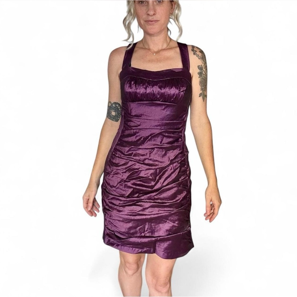 Jessica McClintock Vintage 90s Purple Mini Dress Taffeta Ruched 10 Medium Glam